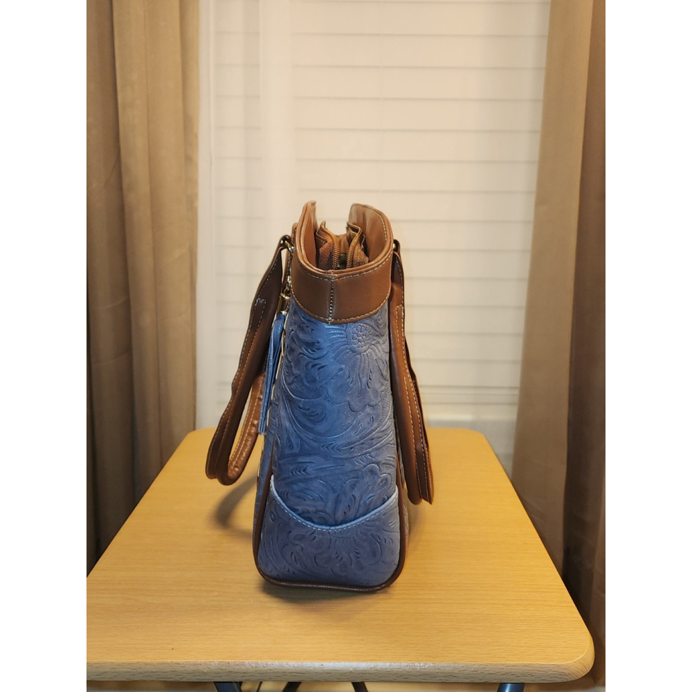 Denim Blue Brown Cross Stitch Embossed Tooled Artisan LEATHER Hobo Bag Purse - Picture 4 of 9